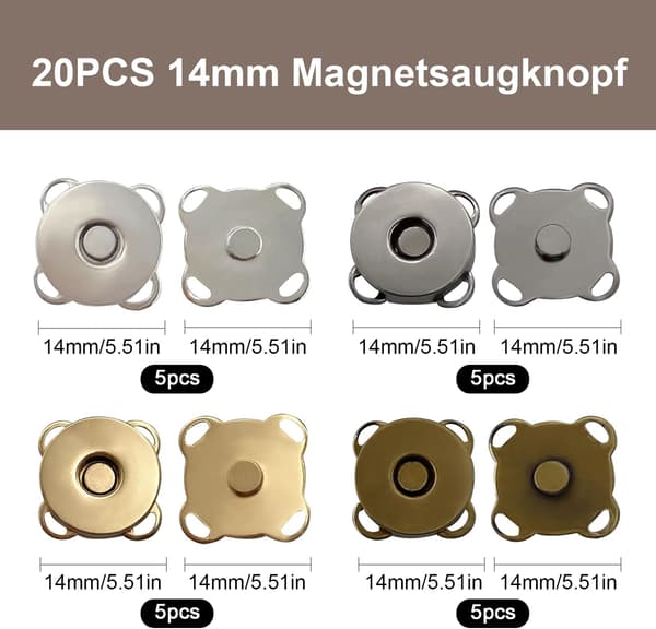20 stycken Magnetiska Tryckknappar, 14mm Magnetiska Tryckknappar Sömnad, 4 Färger Magnetisk Knapp med Syhål Tryckknappar för Väskor Kläder Cr{hw}