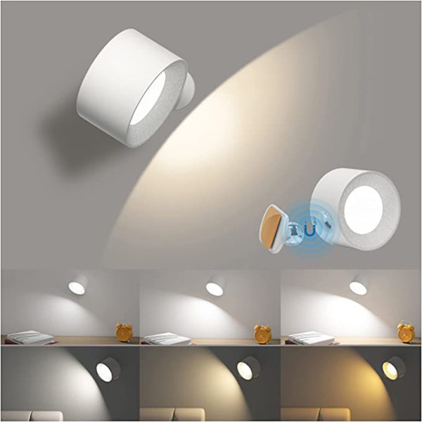 Vägglampa LED-lampa Uppladdningsbart batteri Vägglampetter Dimbar med 3 färglägen 3 ljusstyrkenivåer 360° roterbar touchkontroll{f2} White
