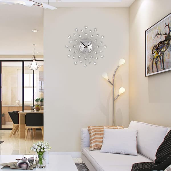 Kristall Diamant Väggklocka Modern Väggklocka Blommig Väggklocka Tyst Metallklocka Hem Väggkonst Dekoration (50cm Silver) 50cm{F2} 50cm