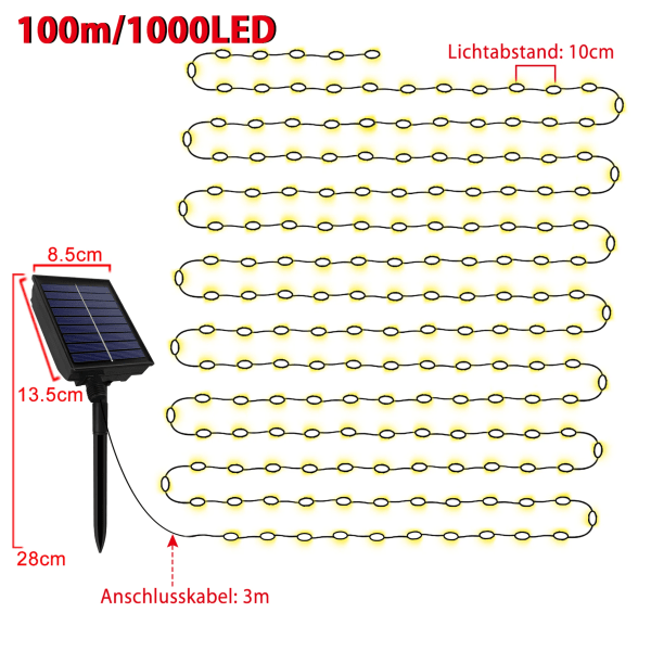 100M 1000 LED Solcellslingor Varmvitt 8 Ljuslägen Festträdgård Inomhus Utomhus Dekorativa Julbelysning med Solpanel