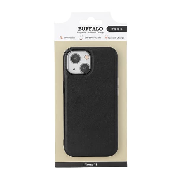 Buffalo iPhone 15 Mobilskal MagSafe Läder Svart Polyuretan (PU)
