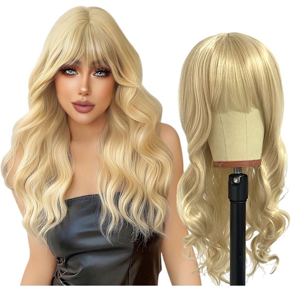Lång vågig blond peruk för kvinnor, 68 cm lång lockig peruk med lugg, blond