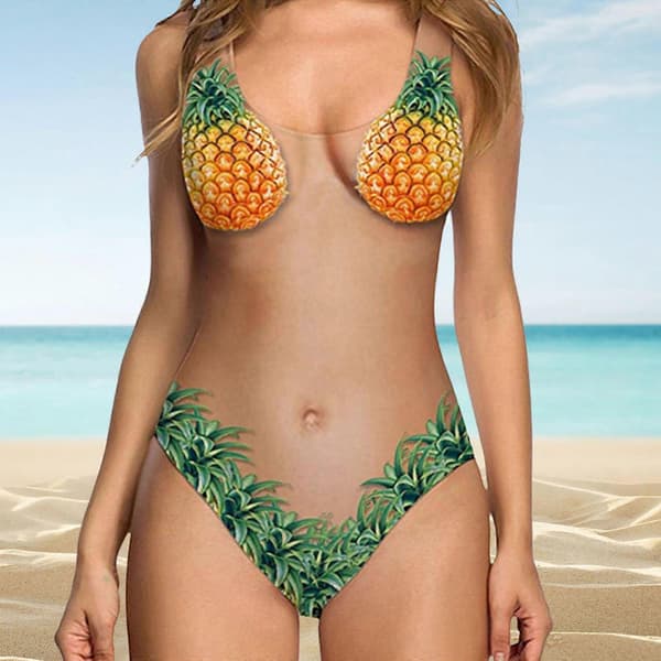 Dame 3D Sjov Badedragt Strandtøj - Behåret Bryst, Ananas, Enhjørning Print Yellow S