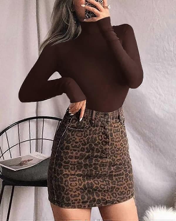 Langærmet Mock Neck Bodysuit til kvinder Jumpsuit Top Long Sleeve Coffee Medium