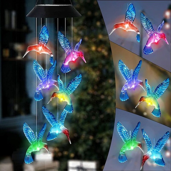 Aurinkokennoilla toimiva tuulikello, väriä vaihtava kolibri, vedenpitävä LED-aurinkolamppu{f2}