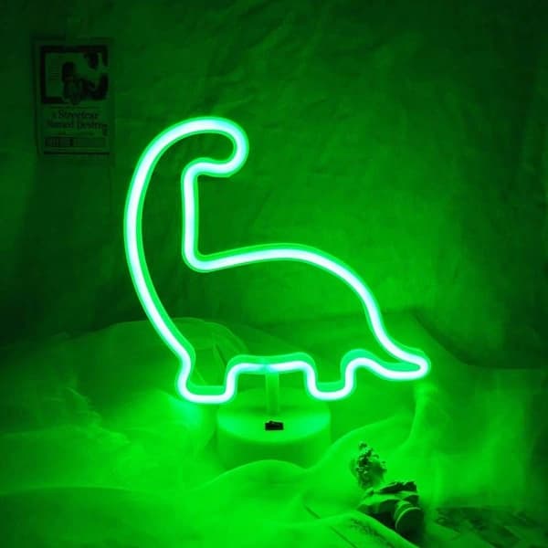 {hw} LED Neon Natlampe med USB og Batteri Grøn Dinosaurform La