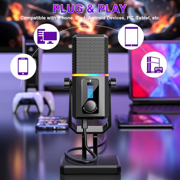 HK2 Gaming Mikrofon USB Dynamisk Computer Gaming Streaming Mikrofon med RGB Lys Lydløs Knap Gain Kontrol Desktop Podcast Mikrofon til Twitch YouTube Studio