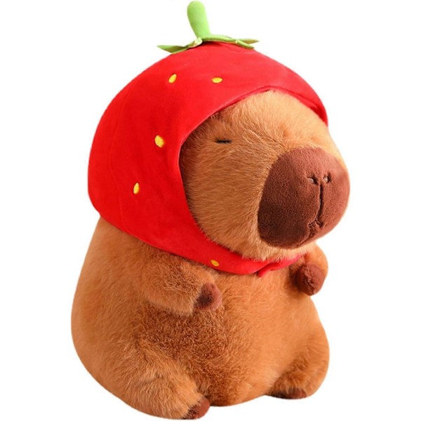 Capybara plysch, 22 cm söt capybara med jordgubbsmössa, mjuk capybara-docka som present, mjuk brun capybara plyschkudde, fylld capybara-present
