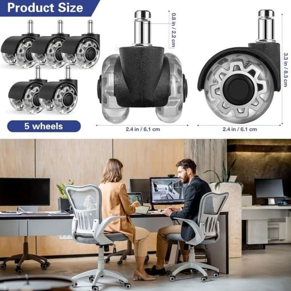 Sæt med 5 kontorstolshjul, 11 x 22 mm — 360° lydløs, ridsefast PU, 300 kg bæreevne