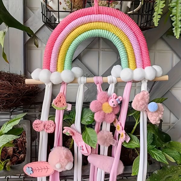 Väggmonterad regnbågsorganisatör för håraccessoarer med pom-poms och bräda Rainbow