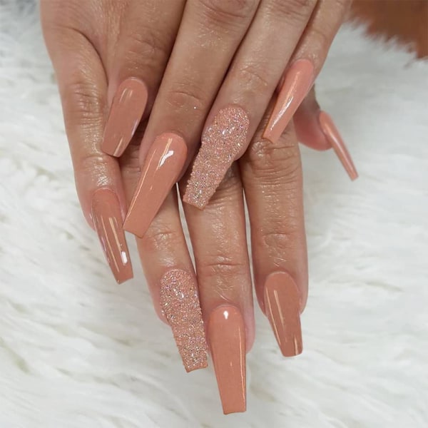 Glossy Pink Acrylic Extra Long Press on Nails med Rhinestone Full Cover French Fake Nails för Kvinnor och Flickor, 24 PCS