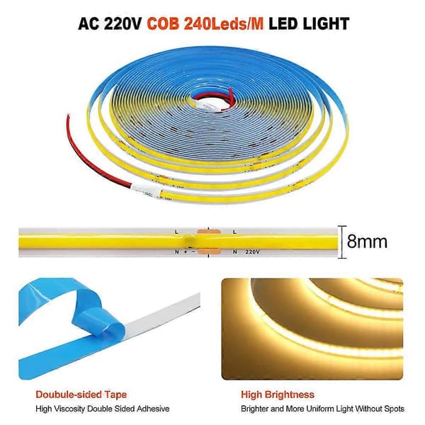 220v Cob Led Strip Lys 5m-50m, Supersterk 240 Leds, Fleksibel Teip, Ra90 Blue 5m