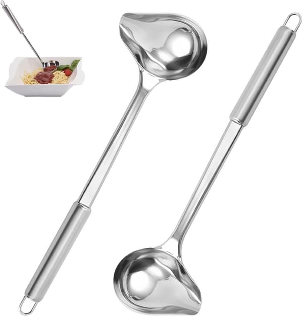 Slev med pip - 2-pack såsskedar i rostfritt stål 26,8 cm - Serveringsslev för såser och soppor med krok