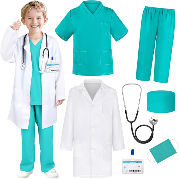 Läkardräkt för Barn - Scrubs, Stetoskop, Labbrock - Halloweenkostym, Yrkesdagskostym för Flickor 3-12 År 7-8 År{F2} 7-8 Years Green