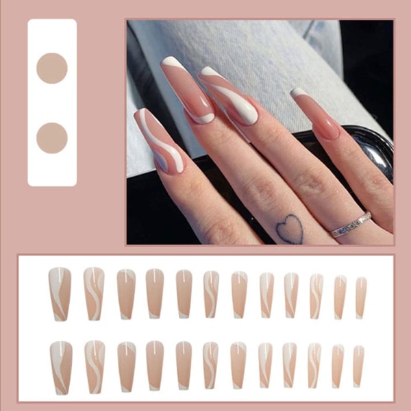 Long Press On Nails French Coffin Fake Nails Acrylic False Nails Ballerina Stick On Nails for Women and Girls 24 PCS