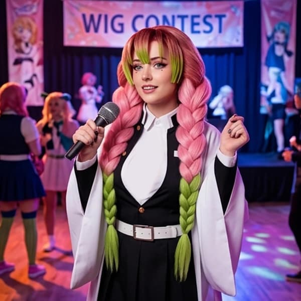 Kanroji Mitsuri Cosplay-peruukki, pitkä vaaleanpunainen-vihreä punottu anime-peruukki Halloween-juhliin