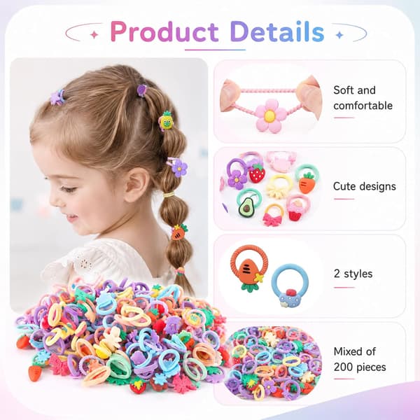 200 stk fargerike hårbånd til jenter, elastiske hårbånd til jenter, 2 modeller scrunchie jenter (frottéhårbånd og tommelhårbånd)