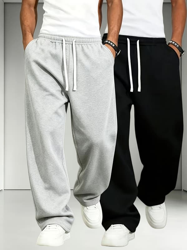 Joggebukser for menn med elastisk liv og snøring, løs rett passform, uformelle bukser, myk strikk, høst og vinter S Light Grey+Black