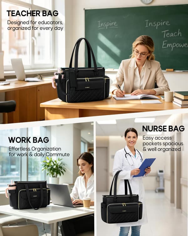 RAINSMORE Lærertaske til kvinder, 15.6\" Laptop Arbejdstaske, 40oz Krusholder{F2} Black