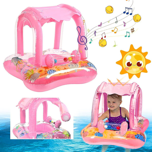 Baby Badring Uppblåsbar Pool Badring Med UPF 50+ Solskydd För Barn I Åldern 3-36 Månader Kul I Vattnet Rosa{F2} pink With 3 bells
