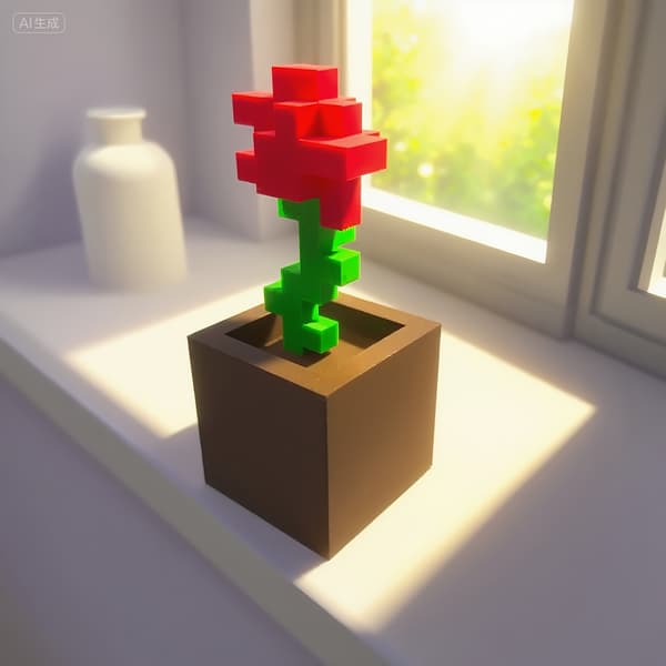 Pixel Rose Blomst 3D Printet Dekorativ Ornament Skrivebords Valentinsgave Red