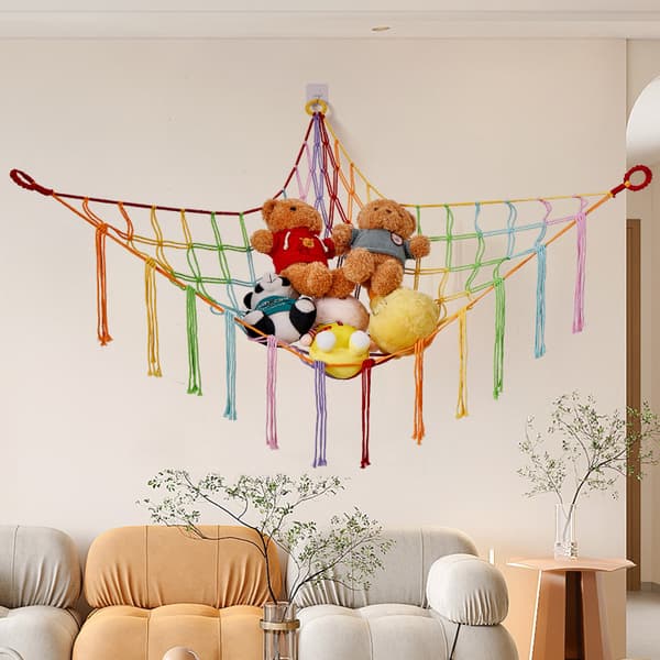 Handvävt leksaksnät i bomullsrep, triangulär vägghängd förvaring med tofsar, 100x100x150cm