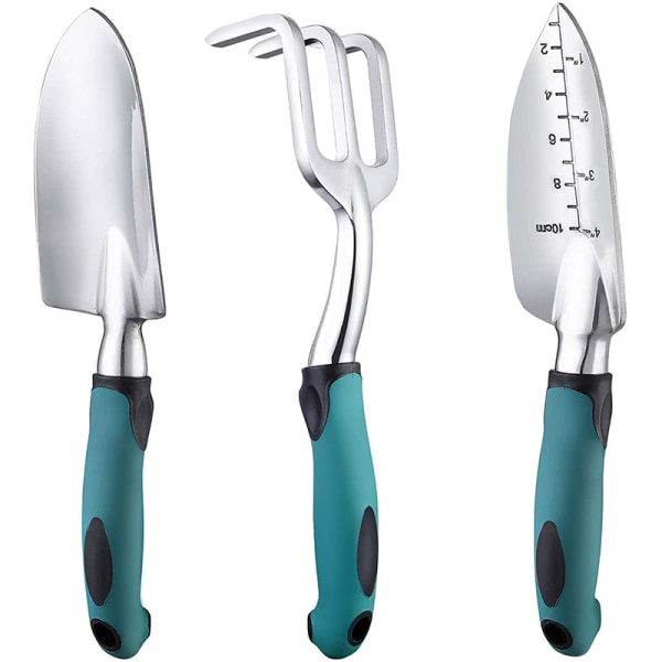 Garden Tool Set, 3 Piece Aluminum Gardening Tools with Trowel, Transplanter and Hand Rake, Comfortable Soft Non-Slip Ergonomic Handle, Green