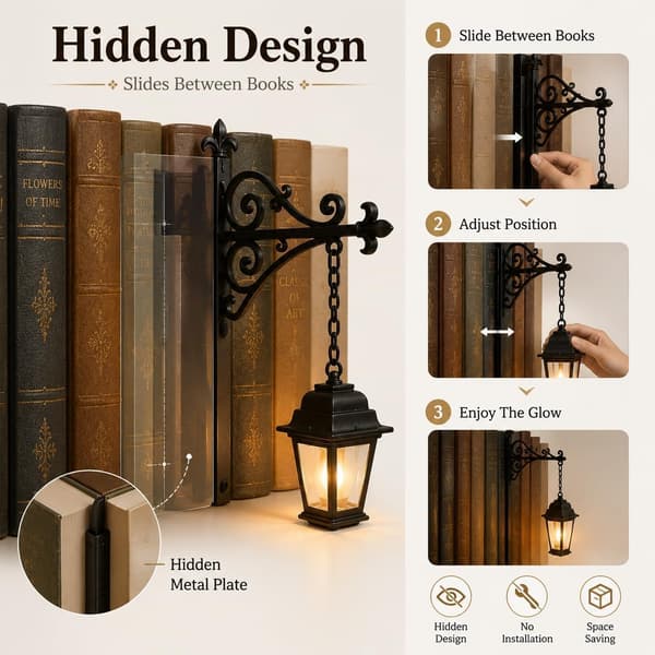 Bibliotekslantern Dekorativ Bogreolbelysning med Varm LED Natlampe Hat