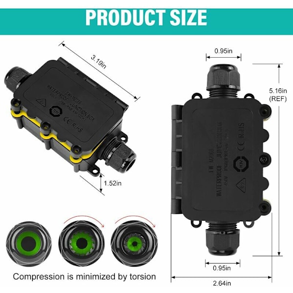 IP68 Vattentät Kopplingsdosa, 2-vägs Kopplingsdosa Anslutningar Utomhus Elkapsling Lätt att Installera för Ø 5-12mm Kabeldiameter, Svart