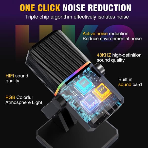 HK2 Gaming Mikrofon USB Dynamisk Dator Spel Streaming Mikrofon med RGB-ljus Mute-knapp Gain Control Skrivbords Podcast Mikrofon för Twitch YouTube Studio