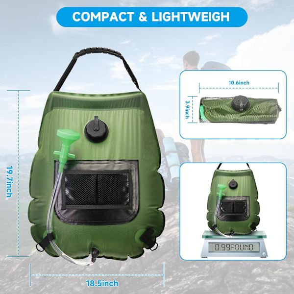 Solar Portabel Duschväska, 5 Gal/20L Soluppvärmd Utomhus Camping Duschväska med På-Av-funktion Lämplig för Camping, Vandring, Resor