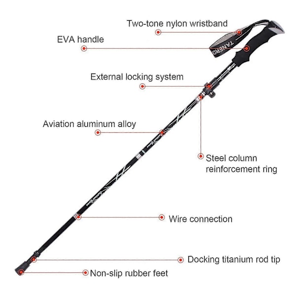 5-delt Foldbar Vandrestav Gåstav Vandring Naturehike Antishock rød{F2] red 110-130cm