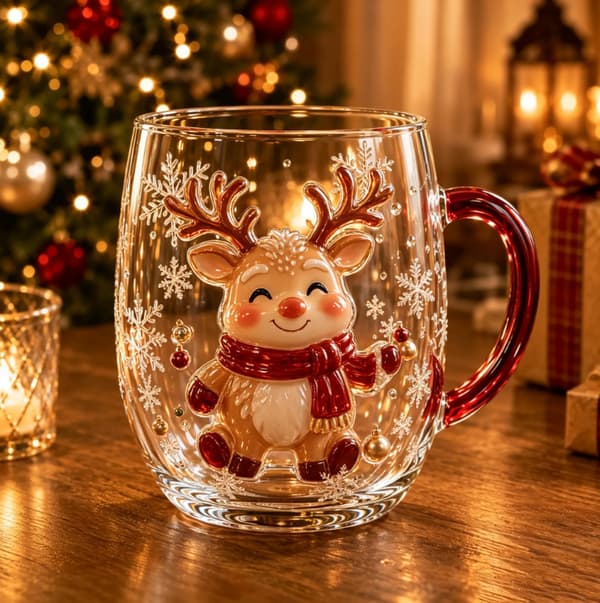 Julglas konstkopp 300ml, festlig dricksglas med handtag, kreativ semesterpresentkopp Reindeer