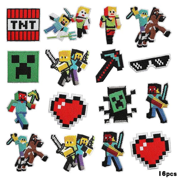 16 stk. Minecraft broderede lapper til at sy på/stryge på, dekoration til tøj, hat, gør-det-selv-tilbehør