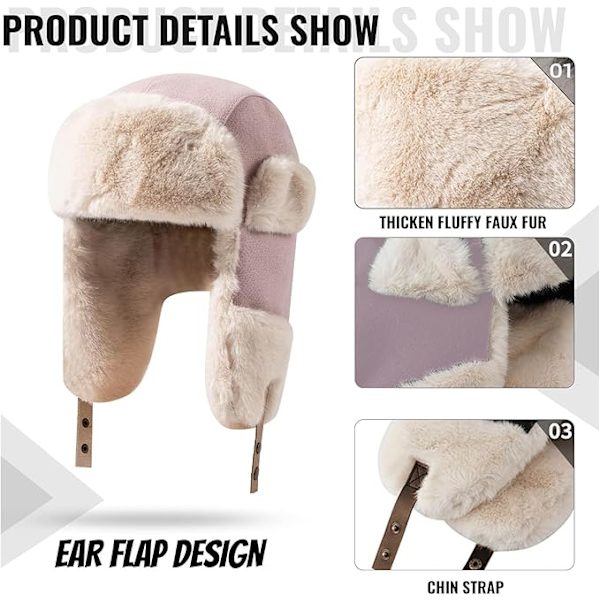Vinter trapper hat med øreklapper, varm russisk hat til kvinder, trapper hat/skihue til mænd. pink