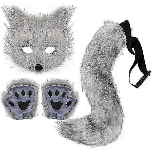 2024 Faux Fur Ræv Hale Kat Ulv Cosplay Sæt Plys Maske Fluffy Poter Handsker Halloween Jul-WELLNESS