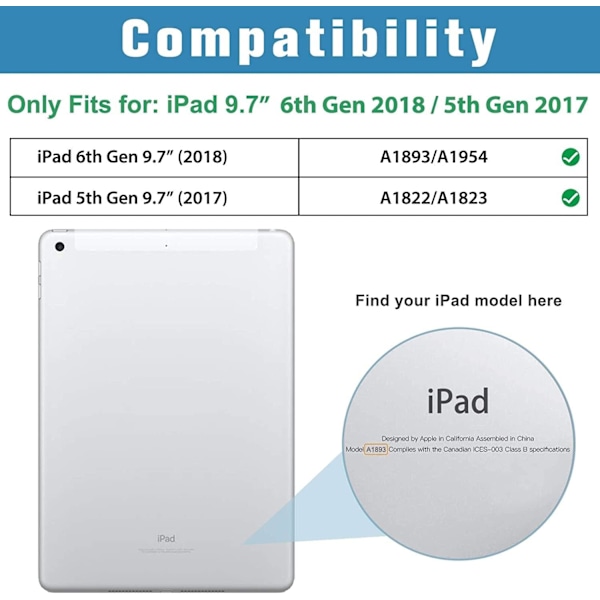 Smart Case til iPad 9.7 tommer iPad 6./5. generation 2018 2017 (Model: A1893 A1954 A1822 A1823), Ultra Slim Letvægt {F2}