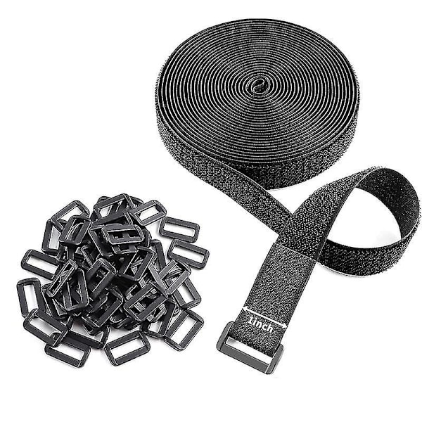 10m X 20mm Uudelleenkäytettävät tarranauhat, säädettävät nippusiteet 50 muovisoljella, vapaasti leikattavat mustat nylon-tarranauhatBY 10m X 25mm