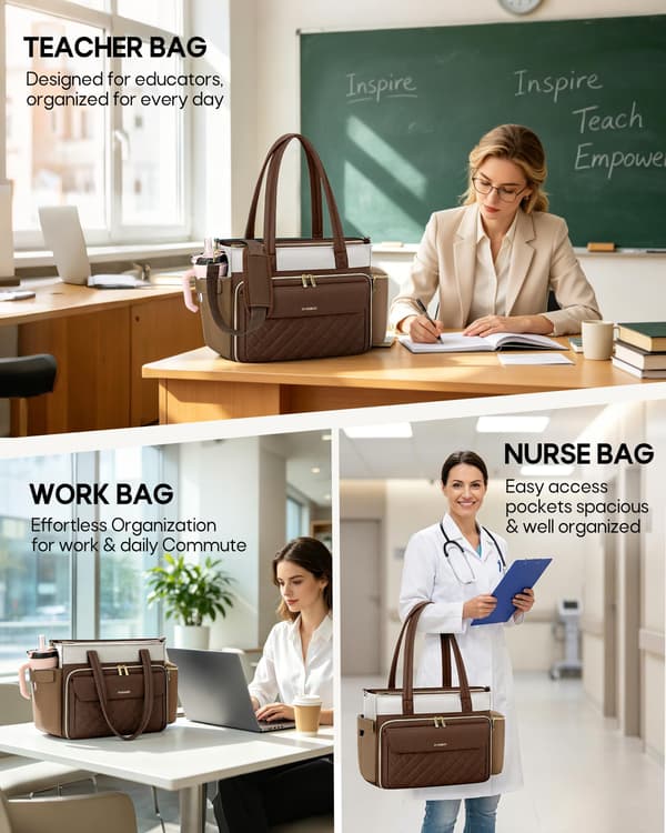 RAINSMORE Lærertaske til kvinder, 15.6\" Laptop Arbejdstaske, 40oz Krusholder{F2} Brown-beige-khaki