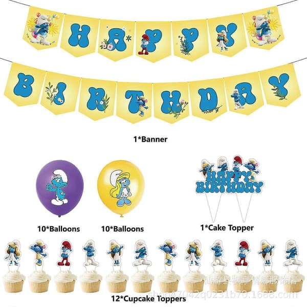 Smurf Bursdagspynt for Barn - Smurfene Kaketopp, Flagg og Ballonger Combo{F2]