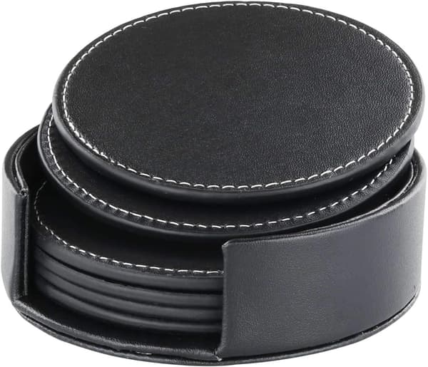 -Coasters-Design Coasters med holder - Læder coastersæt - Sæt med 6 - Sort med syninger