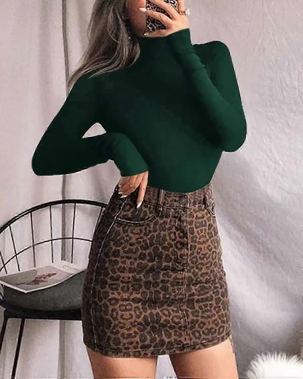 Langermet høyhalset bodysuit for kvinner Jumpsuit-topp Long Sleeve Deep Green Large