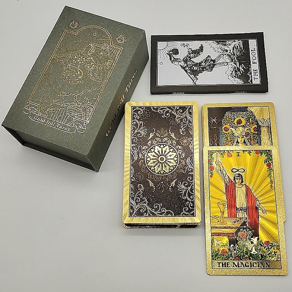 Klassinen vedenkestävä tarot-korttipakka kultafoliolla ja magneettisella rasialla erikoislahjana Whisper silver