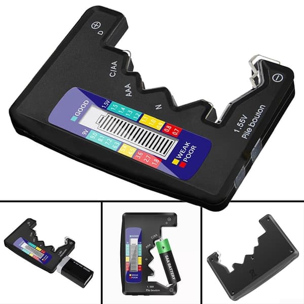 Denne batteritester har en LCD-skærm og kan teste batterier af forskellige kapaciteter, herunder 9V PP3, AAA, AA, C og knapcellebatterier.