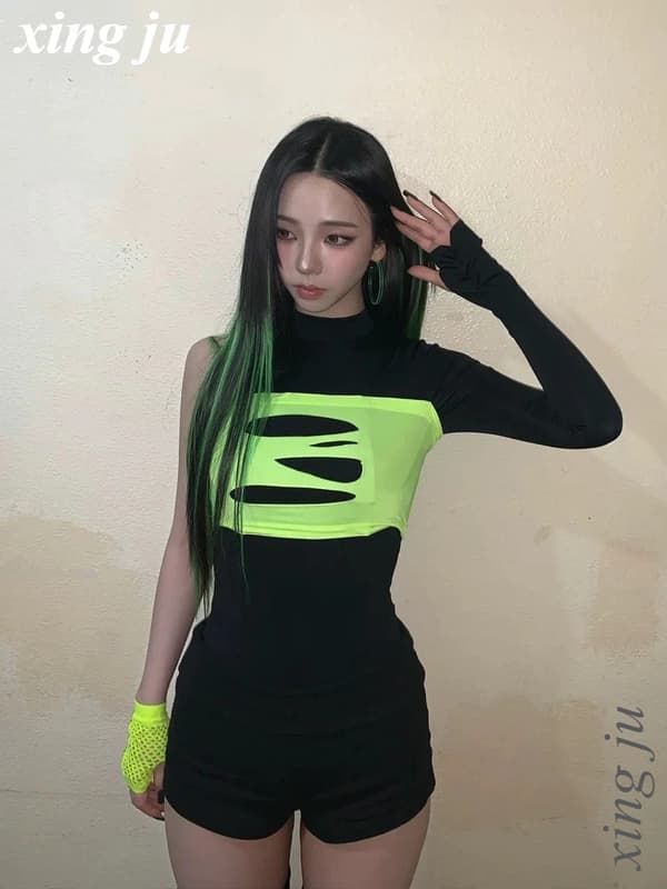 Fluorescerende Grøn Hulvest til Kvinder, Stram Kort Croptop, Scenekostume til Dans Shorts M