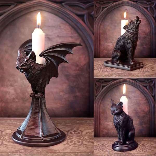 Gotisk Lysestake Vintage Katt Ulv Flaggermus Statue Halloween Lys A1