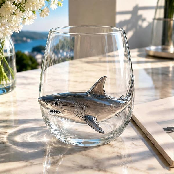 Håndlavet Blåringet Blæksprutte Glas, 12oz 3D Præget Havdyr Stilkløst Vinglas, Håndlavet Havdyr Bar Glas Shark