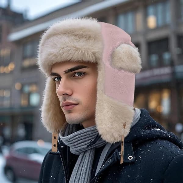 Vintermössa med öronlappar, varm rysk mössa för kvinnor, trappermössa/skidmössa för män. pink