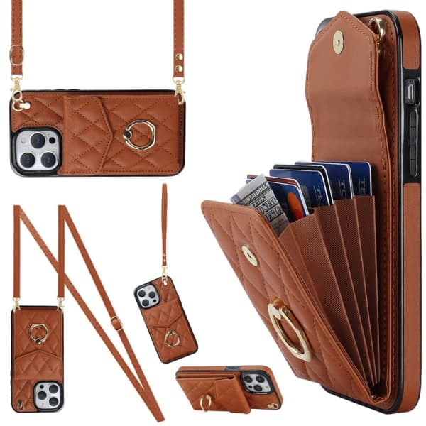 Wallet Case med Kortholder Quiltet Etui til iPhone 15/14/13Pro Max Brun iPhone15