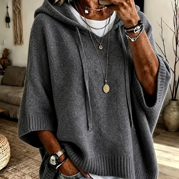 Elegant uformell hettegenser for kvinner, myk strikket kort genser Deep Grey S